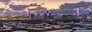 Images Dated 29th May 2020: Skyline of Shenzhen from Sheung Shui at sunset, New Territories, Hong Kong