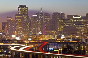 Images Dated 3rd January 2012: Skyline and skyscrapers seen from Protrero Hill with traffic on Highway I-280, San