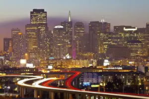 San Francisco Prints: Skyline and skyscrapers seen from Protrero Hill with traffic on Highway I-280, San