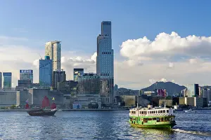 Tsim Sha Tsui Prints: Skyline of Tsim Sha Tsui, Star Ferry and Aqua Luna junk boat, Hong Kong