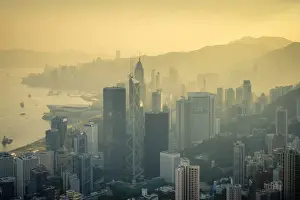 Central District Prints: Skyscrapers in central Hong Kong, Admiralty and Mong Kok seen from The Peak at sunrise