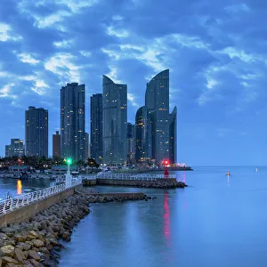 Busan Prints: Skyscrapers of Marine City and Gwangan Bridge at dawn, Busan, South Korea