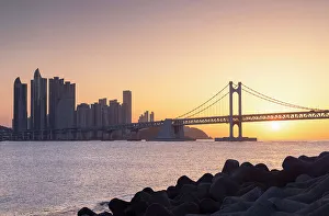 Busan Prints: Skyscrapers of Marine City and Gwangan Bridge at sunrise, Busan, South Korea