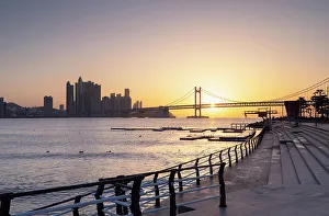 High Rise Prints: Skyscrapers of Marine City and Gwangan Bridge at sunrise, Busan, South Korea