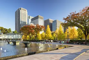 Autumnal Prints: Skyscrapers of Marunouchi and Wadakura Fountain Park in the grounds of Imperial Palace