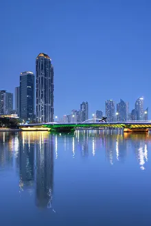 Busan Prints: Skyscrapers and Millak Bridge on Haeundae River at dusk, Busan, South Korea