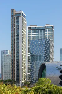 Business District Prints: Skyscrapers and Shenzhen Bay Sports Centre, Shenzhen Bay, Shenzhen, Guangdong, China