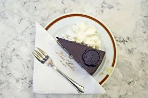 A slice of Original Sacher - Torte cake with whipped cream at Hotel Sacher, Vienna