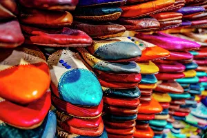 Stall Prints: Slippers shoes for sale in the souk of Fez, Morocco;