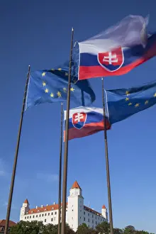 Bratislava Prints: Slovakian and European Union flags of Parliament with Bratislava Castle, Bratislava
