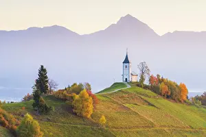 Jamnik Prints: Slovenia, Jamnik, Church of St. Primoz with the Kamnik-Savinja Alps beyond, Gorenjska