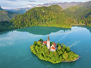 Lake Bled Prints: Slovenia, Lake Bled, Blejski Otok island, St. Mary's church
