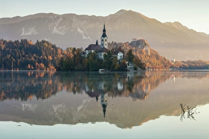 South East Europe Prints: Slovenia, Lake Bled, Blejski Otok island, St. Mary's church