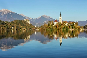 South East Europe Prints: Slovenia, Lake Bled, Blejski Otok island, St. Mary's church