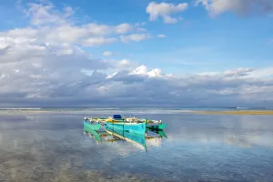 San Juan Prints: Small boat anchored at low tide, Lala-o, San Juan beach, Siquijor Island, Central Visayas