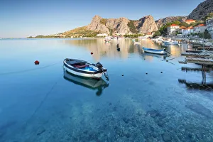 Croatian Prints: Small boats moored on the waterfront of Omis, Dalmatia, Adriatic Coast, Croatia