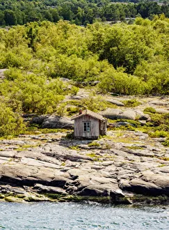 Waterway Prints: Small cabin on the coast, elevated view, Aland Islands, Finland