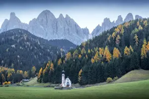 Ancient Building Prints: The small chapel of St. Johann in Ranui at twilight during a gloomy autumn evening