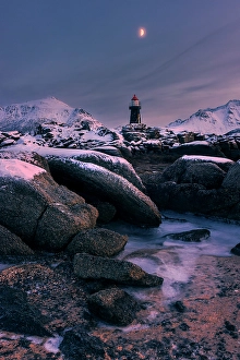 Moon Prints: A small lighthouse near Lekness in Lofoten islands, Norway