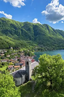 Lake District Prints: small town of Calde and the church of Santa Veronica on Lake Maggiore