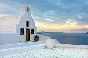 Small Prints: Small traditional Greek whitewashed church with caldera view
