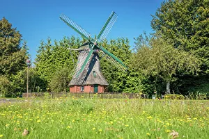 Flower Meadow Prints: Small mill in the village of Schortens, Oldenburger Land, Lower Saxony, Germany