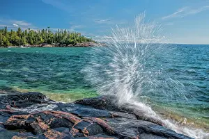 Rugged Coast Prints: Small wave crashing against the shoreline of Lake Superior in Lake Superior Provincial Park