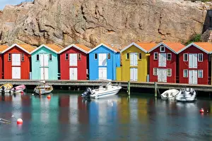 Deck Prints: Smogenbryggan, the picturesque harbour of Smogen with the traditional and colorful boathouses