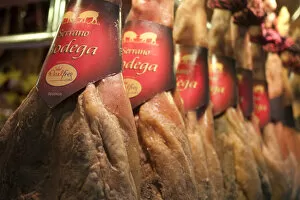 Smoked hams, La Boqueria Market, Barcelona, Spain
