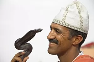 Images Dated 8th June 2006: A snake charmer performs in the Djemaa el Fna, Marrakech