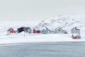 North Atlantic Ocean Gallery: Snow blizzard over the village of Veines and arctic sea, Kongfjord, Varanger Peninsula