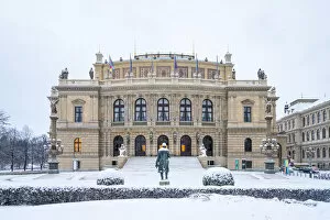 Images Dated 25th February 2021: Snow-covered Antonin Dvorak statue in front of Rudolfinum concert hall in winter