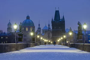 Prague Collection: Snow-covered Charles Bridge at twilight in winter, Prague, Bohemia, Czech Republic