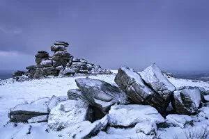 Rock Formations Collection: Snow covered granite outcrops on Great Staple Tor, Dartmoor National Park, Devon, England