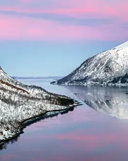Bergsbotn Prints: Snow-covered hills reflecting in Bergsfjord from theBergsbotn viewpoint