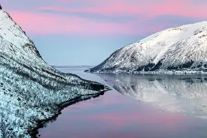 Bergsbotn Prints: Snow-covered hills reflecting in Bergsfjord from theBergsbotn viewpoint