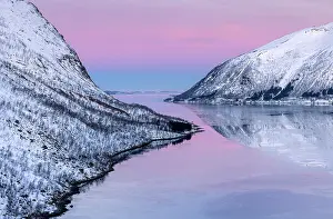 Bergsbotn Prints: Snow-covered hills reflecting in Bergsfjord from theBergsbotn viewpoint