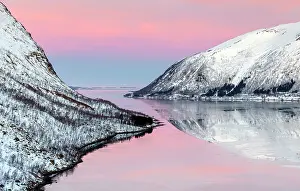 Bergsbotn Prints: Snow-covered hills reflecting in Bergsfjord from theBergsbotn viewpoint
