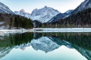 Kranjska Gora Prints: Snow-covered Julian Alps reflecting in Lake Jasna, near Kranjska Gora, Slovenia