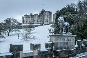 Images Dated 23rd February 2021: Snow covered lion sculpture on Lion Bridge, with Alnwick Castle in the background