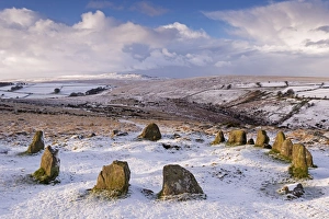Snow covered Nine Maidens cairn circle on Belstone Common, Dartmoor, Devon, England