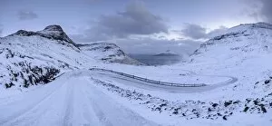 Images Dated 31st March 2015: Snow covered mountain road on the Island of Streymoy, Faroe Islands, Denmark, Europe