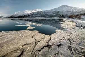 Snow Covered Prints: Snow-covered mountains and floating ice, island of Kvaloya, near Tromso, Norway