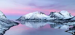 Bergsbotn Prints: Snow-covered mountains reflecting in Bergsfjord from theBergsbotn viewpoint