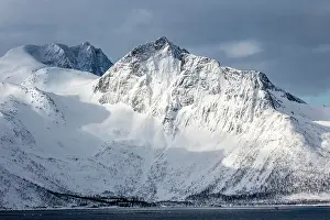 Troms Prints: Snow-covered mountains rising up behind Mefjordbotn, Senja, Norway