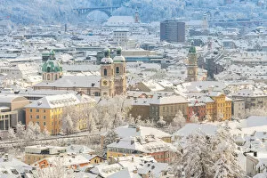 The snow covered rooftops of the old city of Innsbruck, Tyrol, Austria