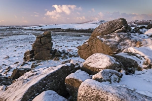 January Prints: Snow dusted granite outcrops on Hound Tor, Dartmoor National Park, Devon, England