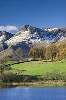 Images Dated 25th February 2015: Snow dusted Langdale Pikes viewed from the shores of Loughrigg Tarn, Lake District