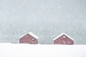 Log Cabin Prints: Snow storm over traditional red cabins by the sea, Troms county, Norway