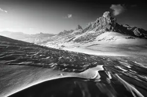 Mount Prints: Snow textures creating interesting leading lines at the Giau Pass with the Ra Gusela in the background